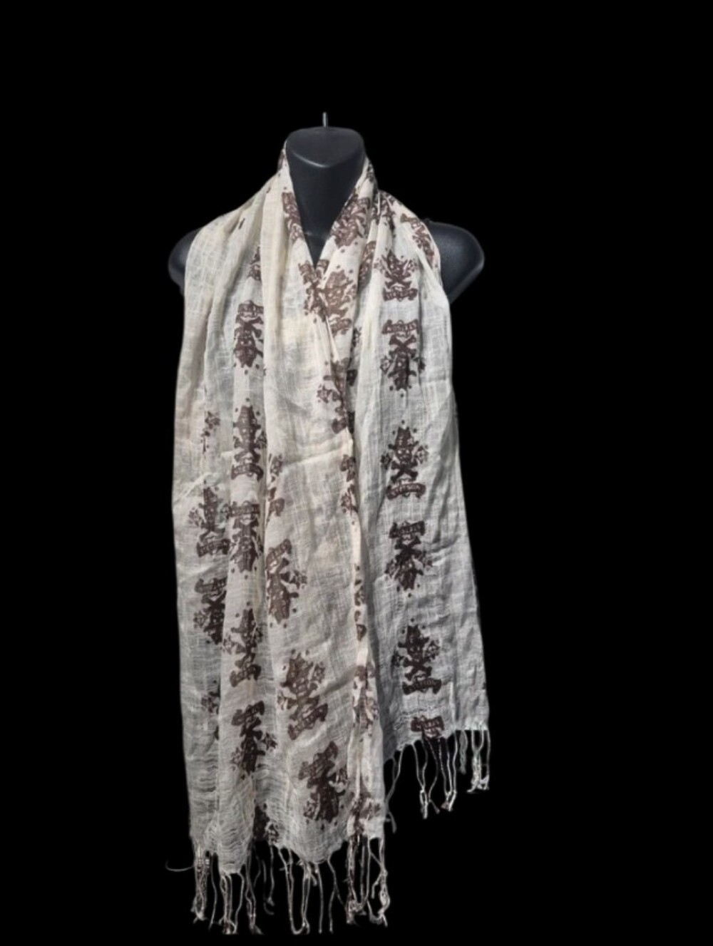 Stetson Light Cream & Brown Skull & Crossbones Printed Fringe Lightweight Scarf